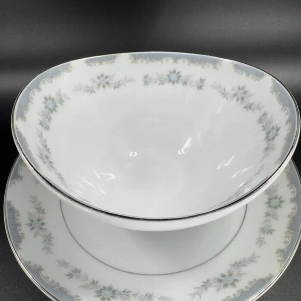 Vintage Narumi Gravy Boat W Attached Underplate Japan‎ China Blue Flowers VTG
